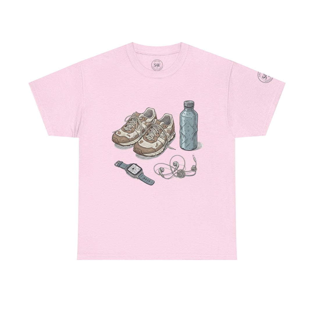 Pink T-shirt by S&amp;W Gallus featuring a graphic of sneakers, a water bottle, a watch, and tangled earbuds.