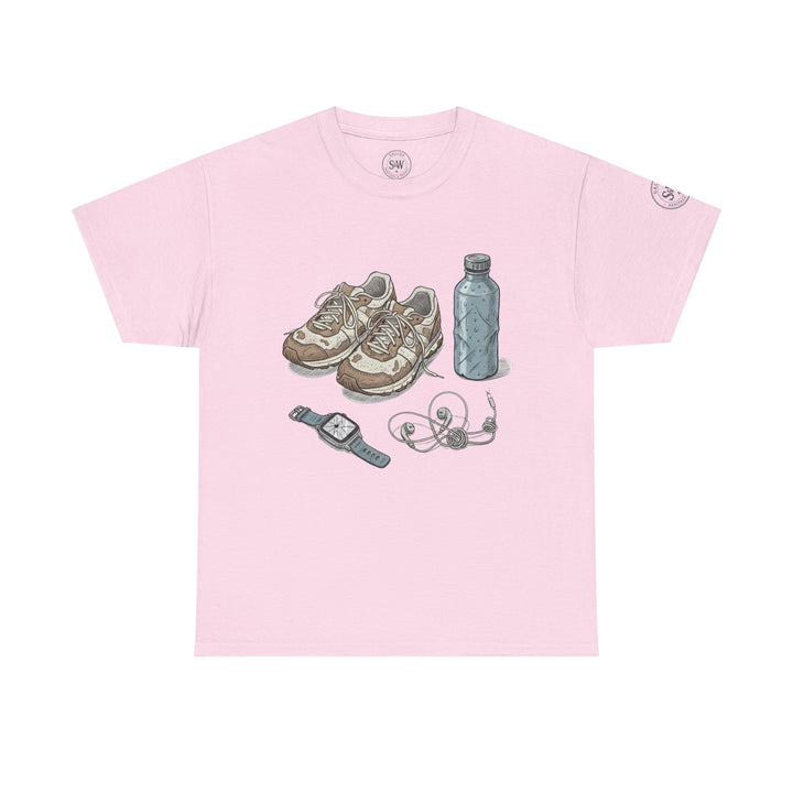 Pink T-shirt by S&amp;W Gallus featuring a graphic of sneakers, a water bottle, a watch, and tangled earbuds.