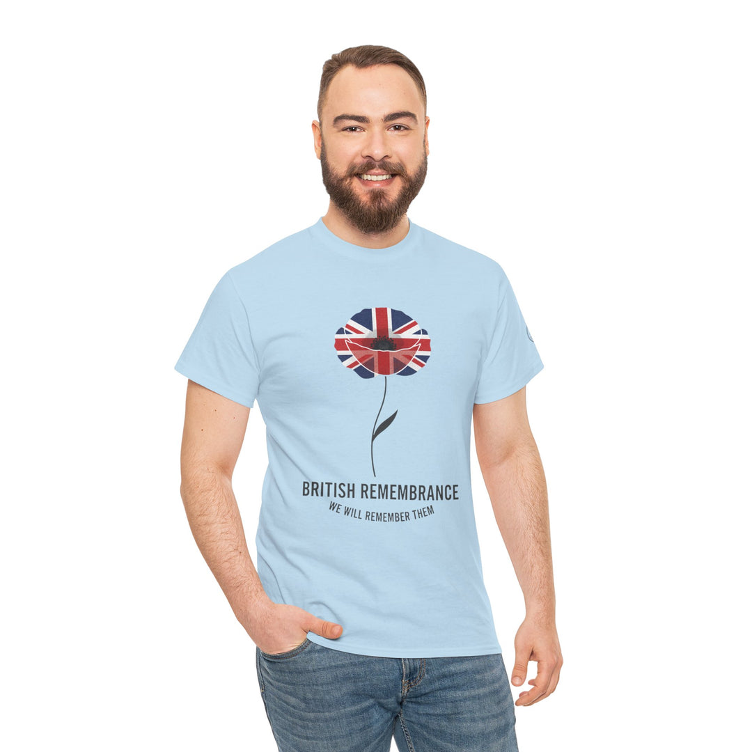 Light blue t-shirt by S&amp;W Gallus featuring a British flag poppy graphic and remembrance message on the front.