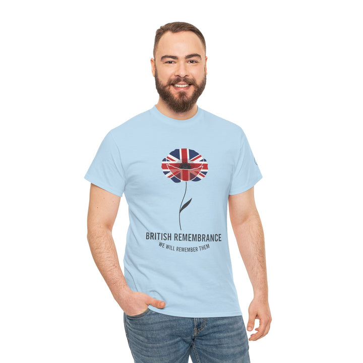 Light blue t-shirt by S&amp;W Gallus featuring a British flag poppy graphic and remembrance message on the front.