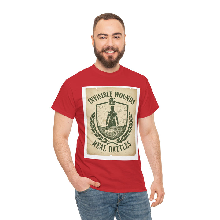 Red t-shirt by S&amp;W Gallus featuring a graphic design with the words "Invisible Wounds Real Battles".