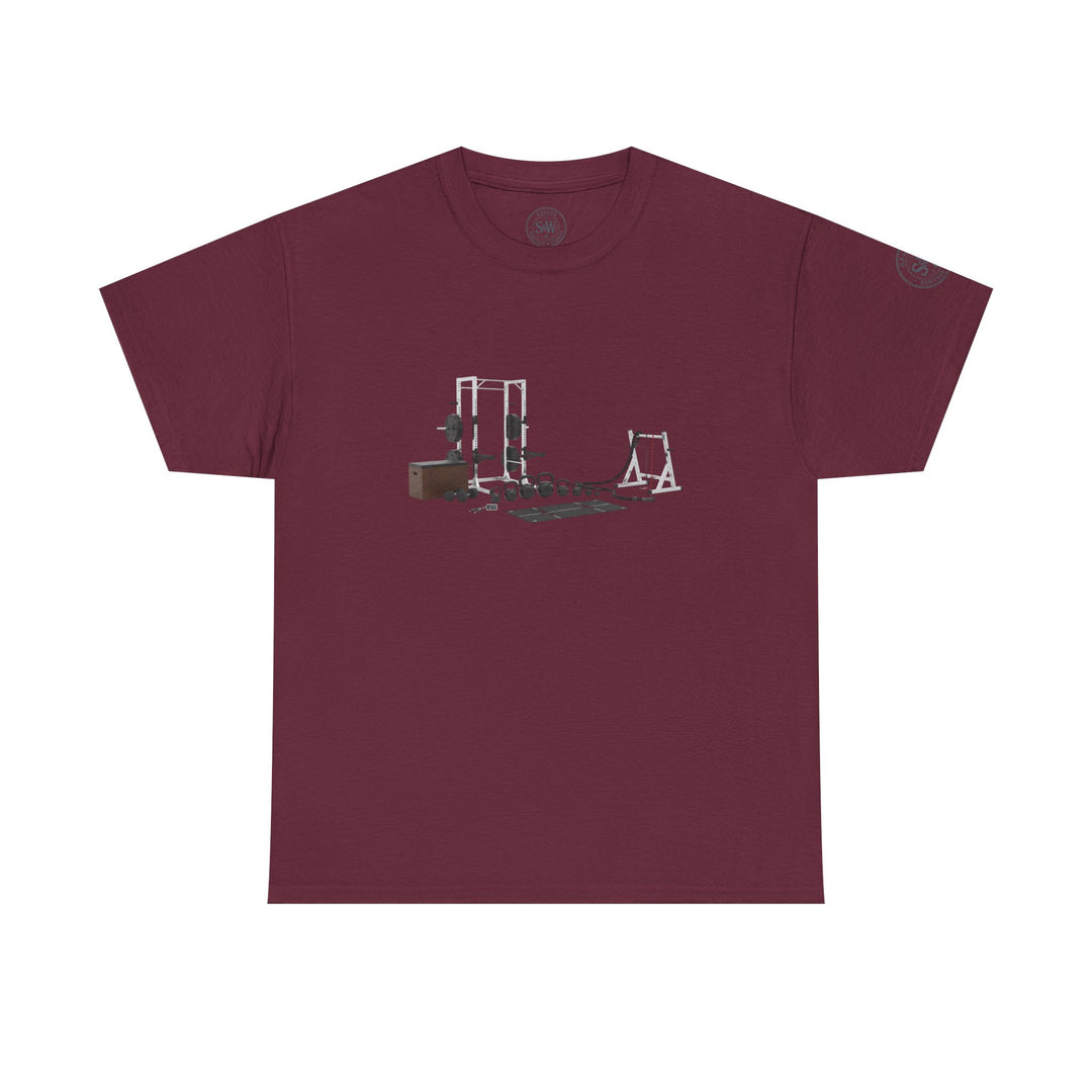 Maroon t-shirt by S&amp;W Gallus, featuring a weightlifting circuit graphic on the front.