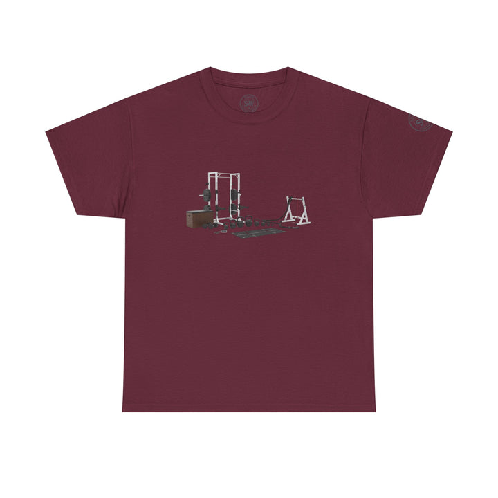 Maroon t-shirt by S&amp;W Gallus, featuring a weightlifting circuit graphic on the front.