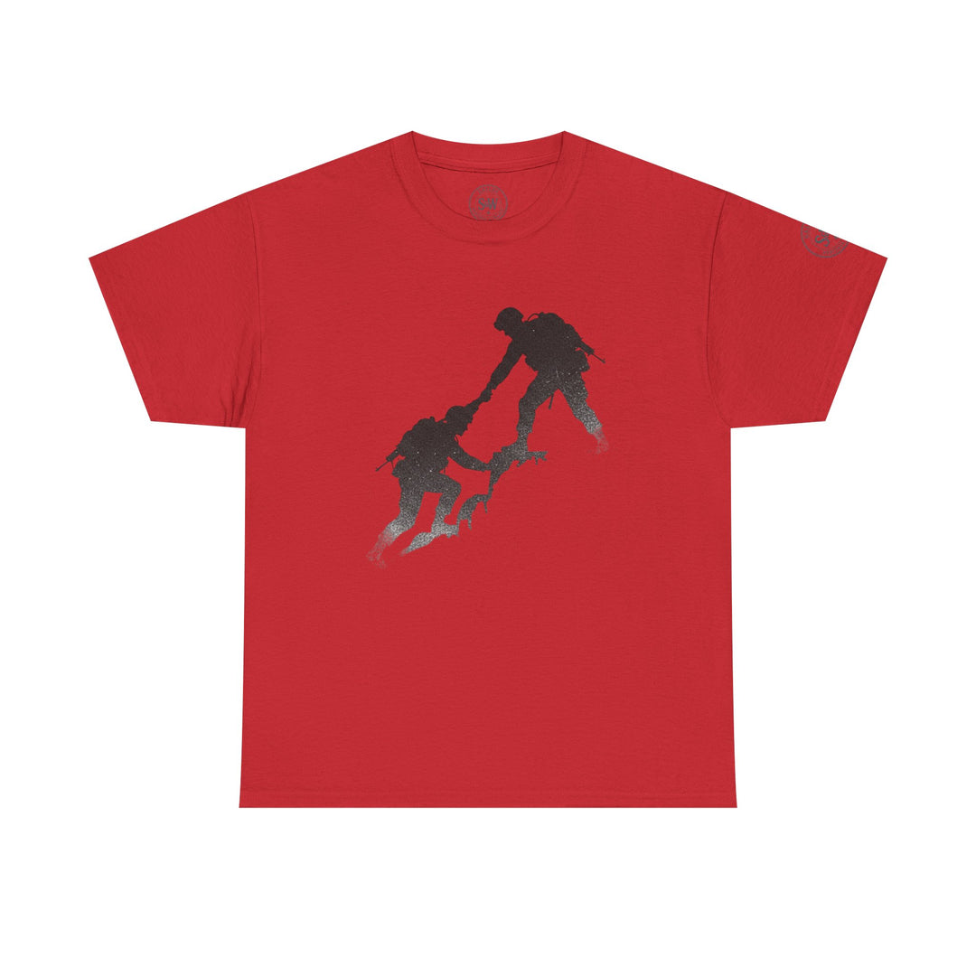 Red t-shirt by S&amp;W Gallus with a silhouette of two soldiers helping each other up a mountain.