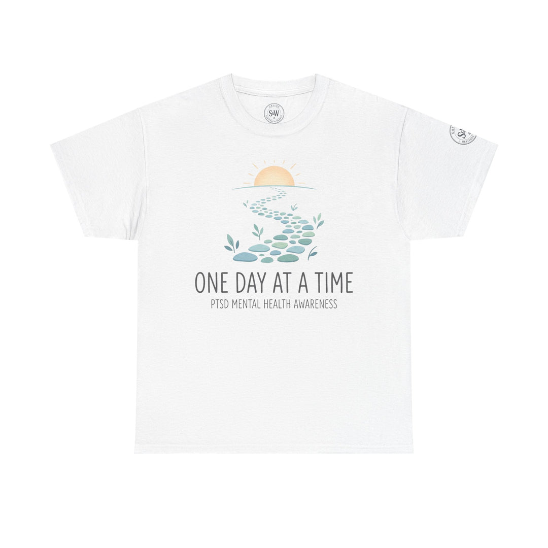 White PTSD awareness t-shirt from Veteran Owned, featuring a sun and stepping stone design with supporting text.