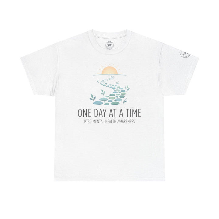 White PTSD awareness t-shirt from Veteran Owned, featuring a sun and stepping stone design with supporting text.