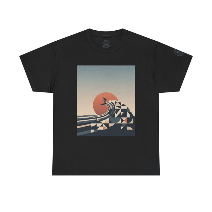 Black t-shirt by S&amp;W Gallus with a square graphic of a surfer on a wave at sunset.