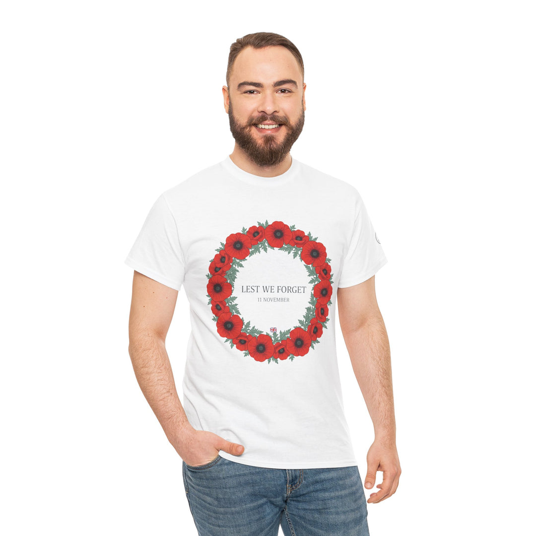 White Remembrance T-shirt with wreath graphic by S&amp;W Gallus, featuring red poppy flowers, seen on a man in jeans.