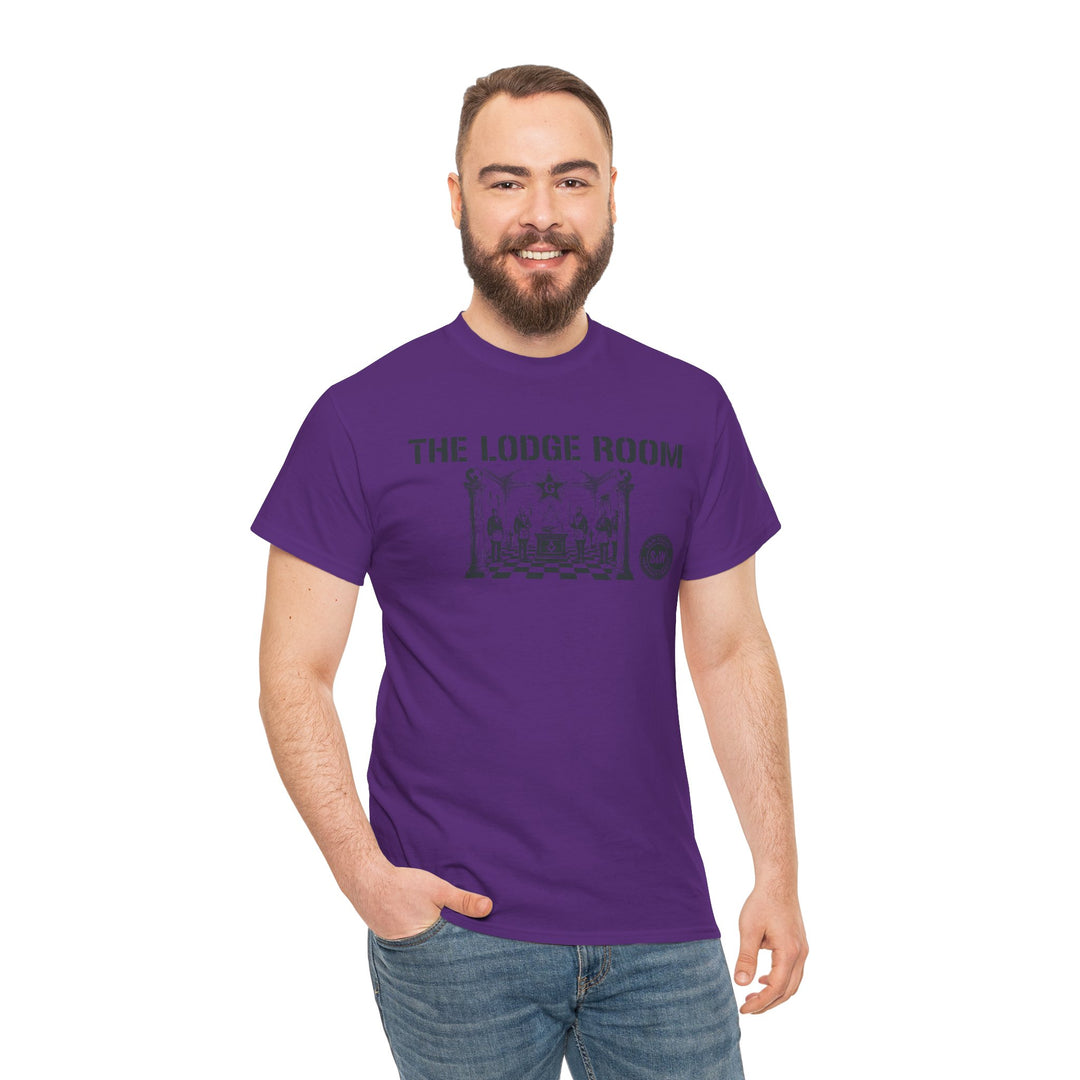 Purple t-shirt with a vintage Masonic lodge graphic by S&amp;W Gallus, worn with blue jeans.