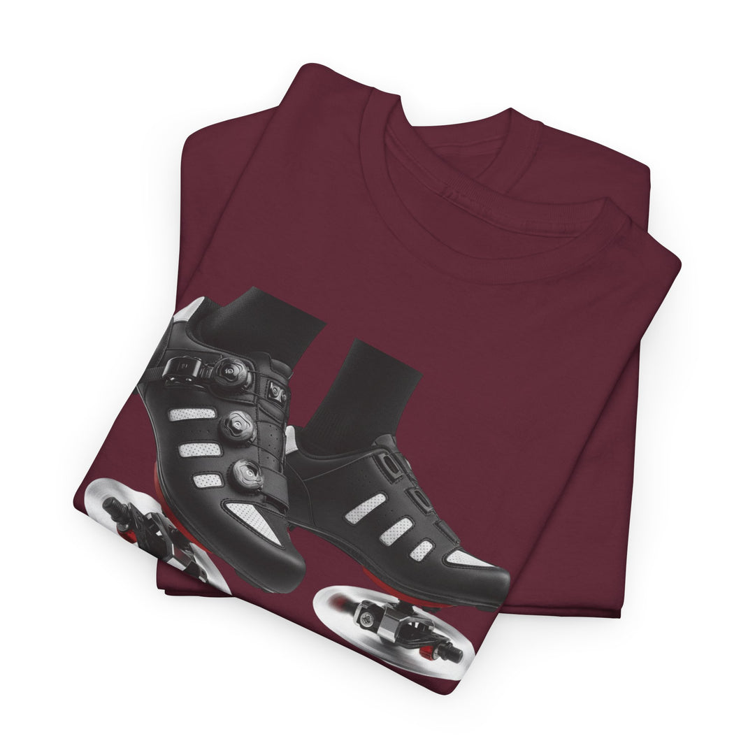 Spin Shoes Tee – soft, breathable cotton featuring a cycling shoes graphic. Perfect for spin classes, indoor workouts, and casual activewear.
