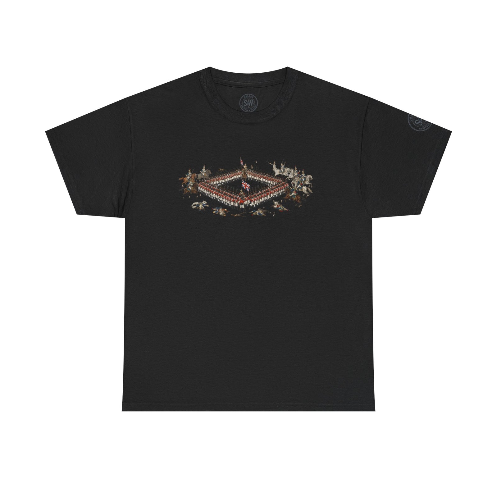 Black t-shirt by S&W Gallus, featuring a historical battle illustration on the chest.