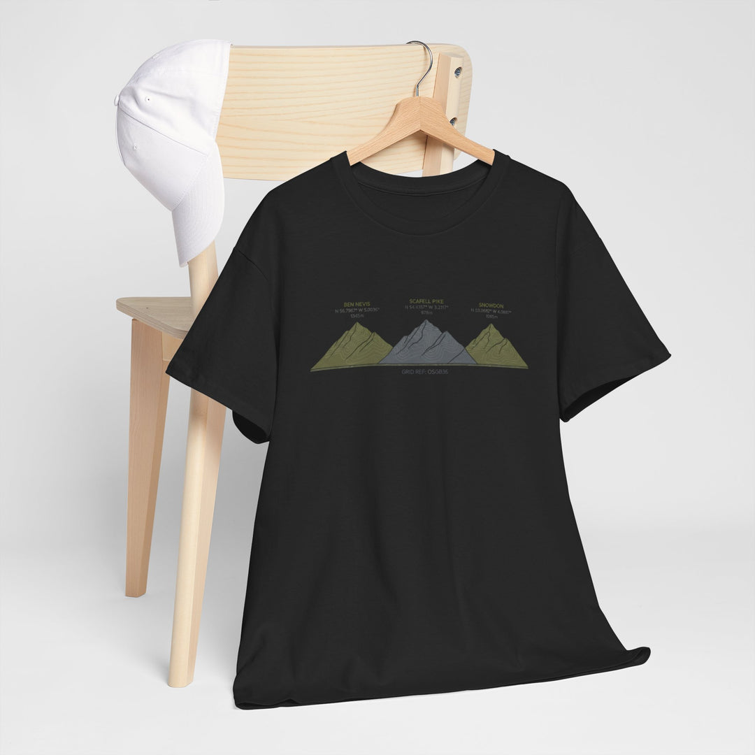 Three Peaks Challenge Graphic T-Shirt — Retro UK Mountain Hiking Tee