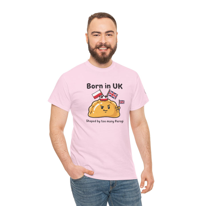 Pink t-shirt by S&amp;W Gallus featuring a pierogi cartoon with Polish and UK flags, plus blue jeans and a bearded man.