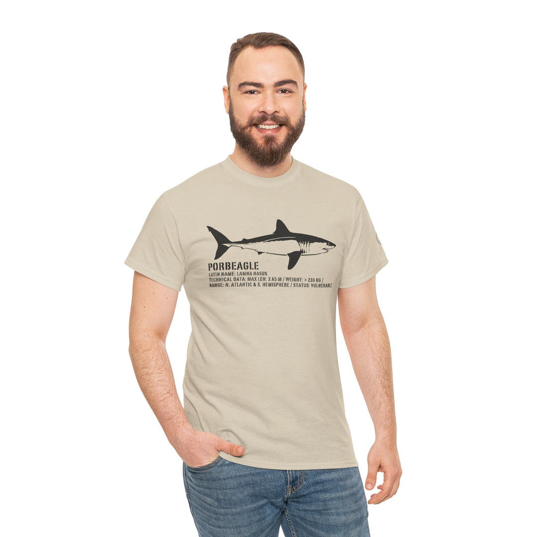 Sand-colored Shark Anatomy Tee by S&amp;W Gallus with a Porbeagle illustration, shown on a smiling model wearing jeans.