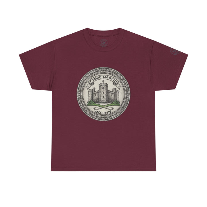 Burgundy t-shirt by S&amp;W Gallus featuring a central Welsh emblem with castle and text.