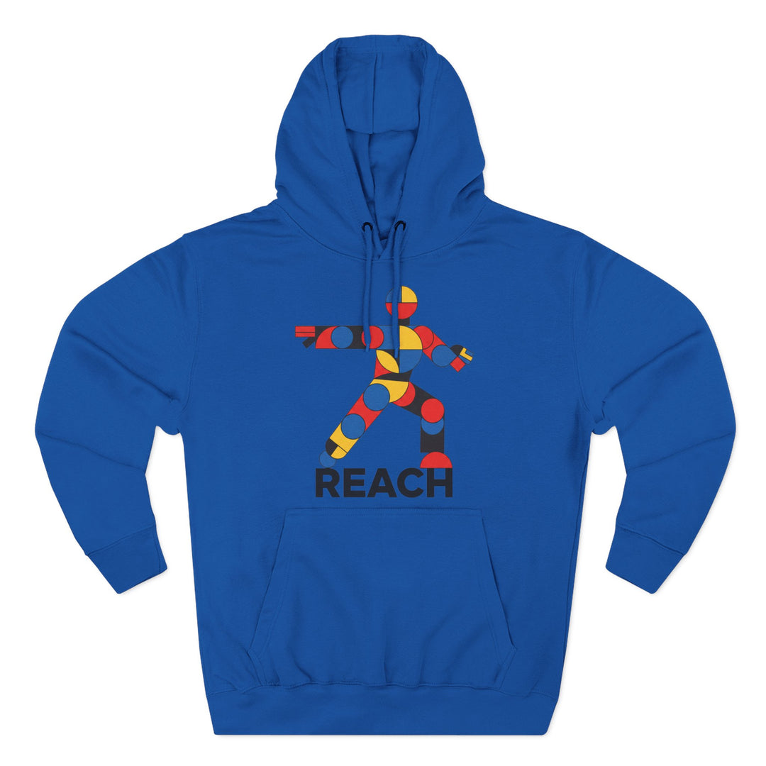 Blue hoodie by S&amp;W Gallus featuring an abstract geometrical person design and the word "REACH" printed below.