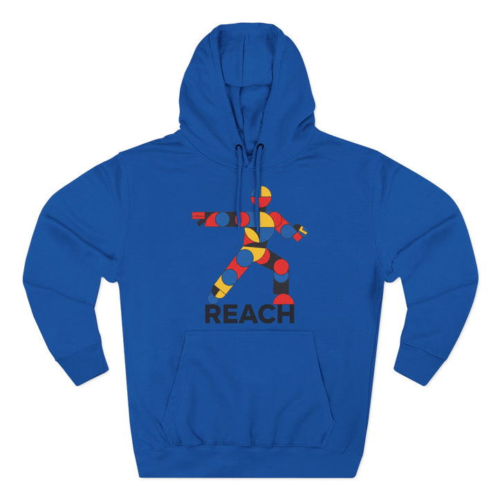 Blue hoodie by S&amp;W Gallus featuring an abstract geometrical person design and the word "REACH" printed below.
