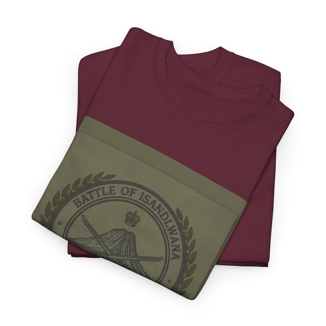 Isandlwana vintage military emblem crewneck T-shirt. Heritage graphic design inspired by historic battlefield legacy.