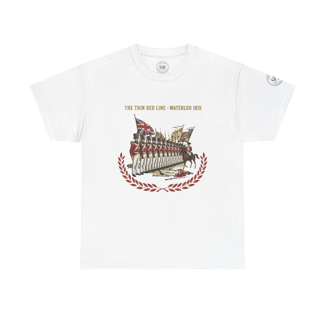 White graphic tee by S&amp;W Gallus featuring "The Thin Red Line - Waterloo 1815" illustration, with laurel wreath accents.