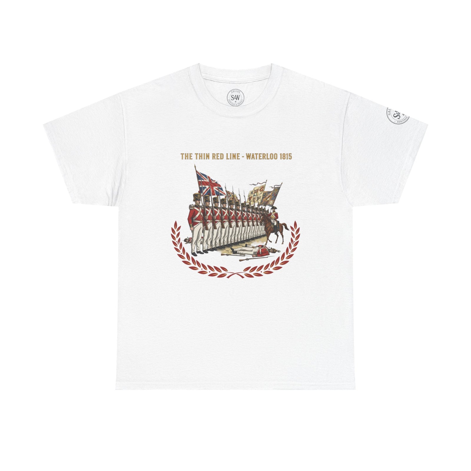 White graphic tee by S&W Gallus featuring "The Thin Red Line - Waterloo 1815" illustration, with laurel wreath accents.