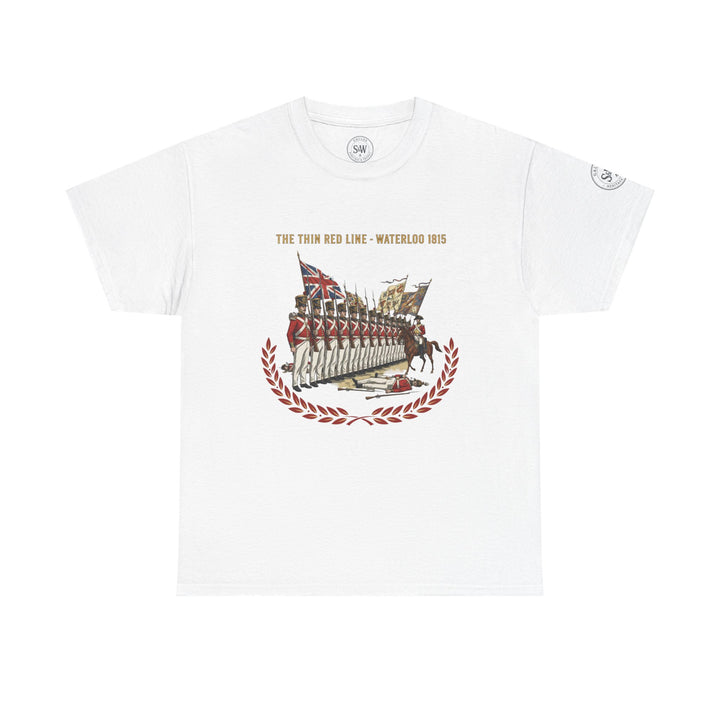White graphic tee by S&amp;W Gallus featuring "The Thin Red Line - Waterloo 1815" illustration, with laurel wreath accents.