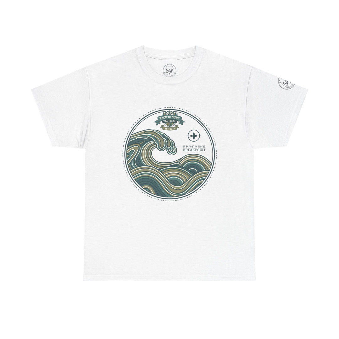 White Wave Crest surf T-Shirt by S&amp;W Gallus, featuring a round wave graphic and nautical theme.
