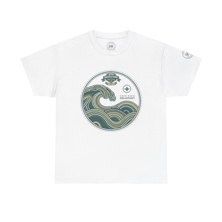 White Wave Crest surf T-Shirt by S&amp;W Gallus, featuring a round wave graphic and nautical theme.
