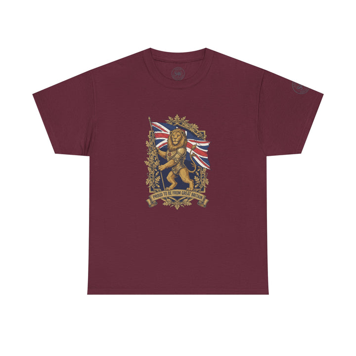Burgundy t-shirt by S&amp;W Gallus with a lion crest graphic featuring the Union Jack flag.