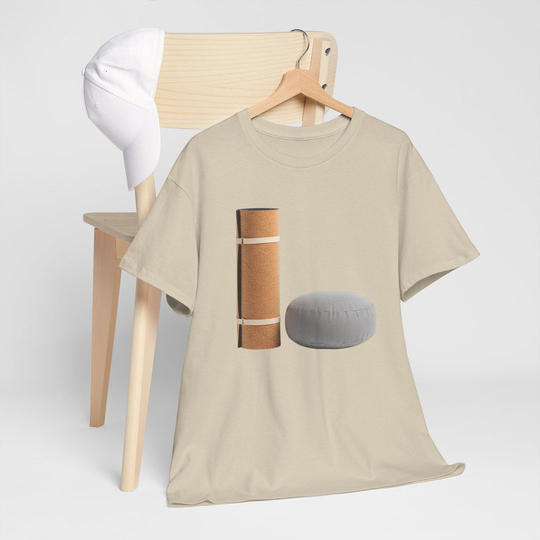 Mat &amp; Meditation Cushion Tee – soft, breathable cotton featuring a yoga-inspired design. Perfect for meditation, studio practice, or mindful everyday wear.