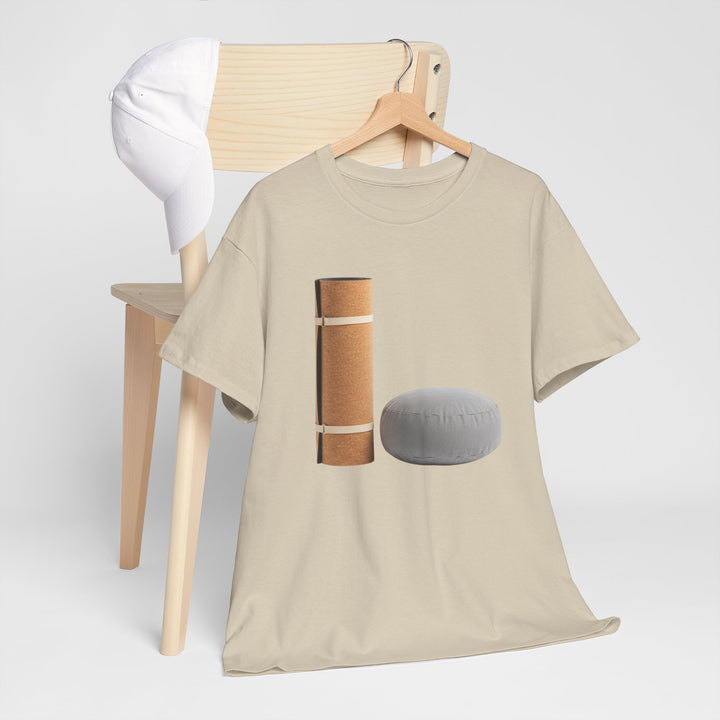 Mat &amp; Meditation Cushion Tee – soft, breathable cotton featuring a yoga-inspired design. Perfect for meditation, studio practice, or mindful everyday wear.