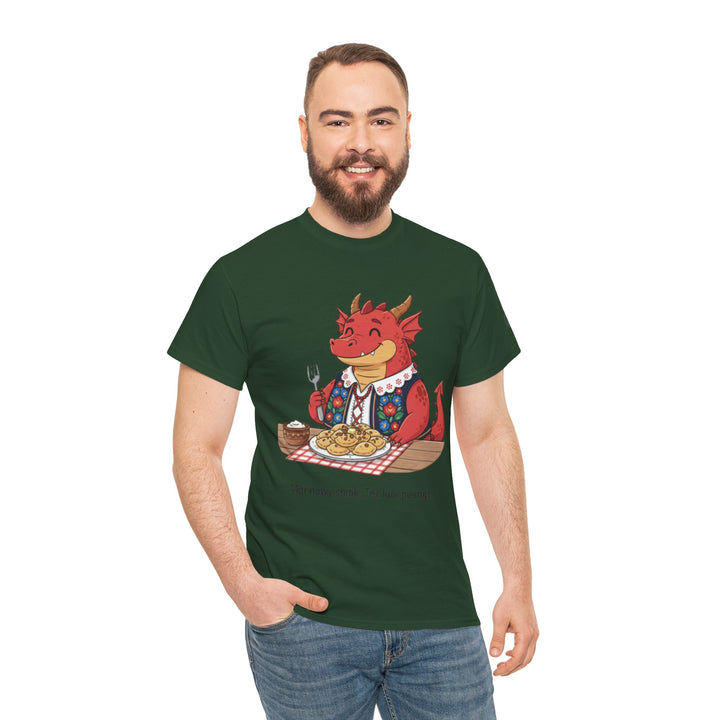 Forest green t-shirt by S&amp;W Gallus, featuring a cartoon dragon eating pierogi and wearing a floral vest.
