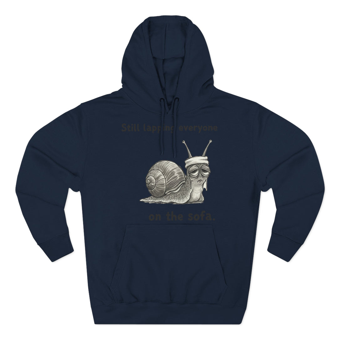 Navy hoodie from S&amp;W Gallus featuring a snail graphic with text "Still lapping everyone on the sofa".