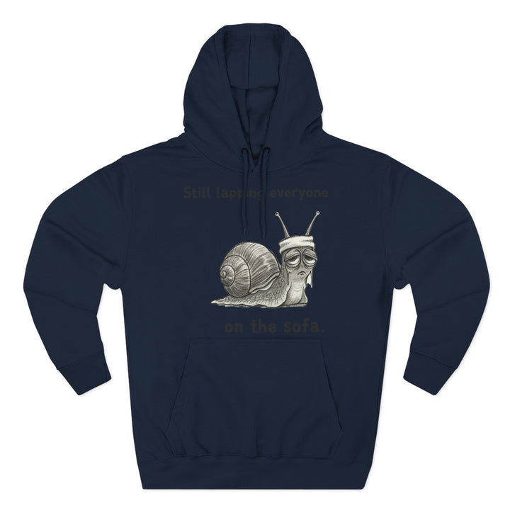 Navy hoodie from S&amp;W Gallus featuring a snail graphic with text "Still lapping everyone on the sofa".