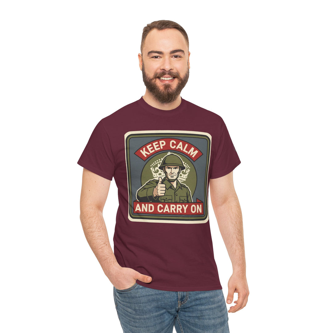 Maroon WW2 themed graphic T-shirt by S&amp;W Gallus with a vintage military design, worn with jeans.