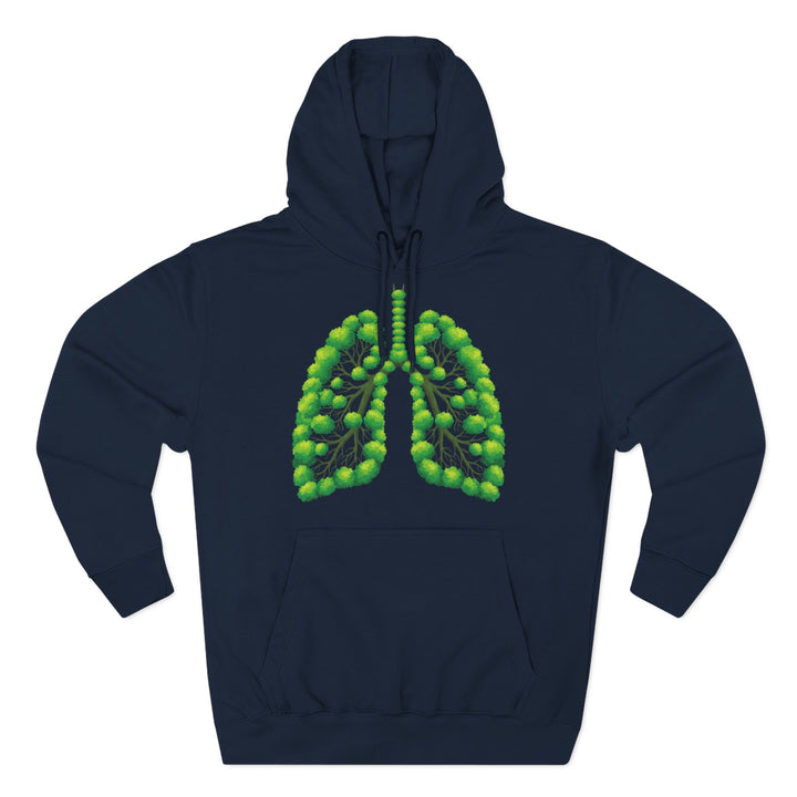 Navy hoodie by S&amp;W Gallus with a lung-shaped tree graphic, a kangaroo pocket, and a drawstring hood.