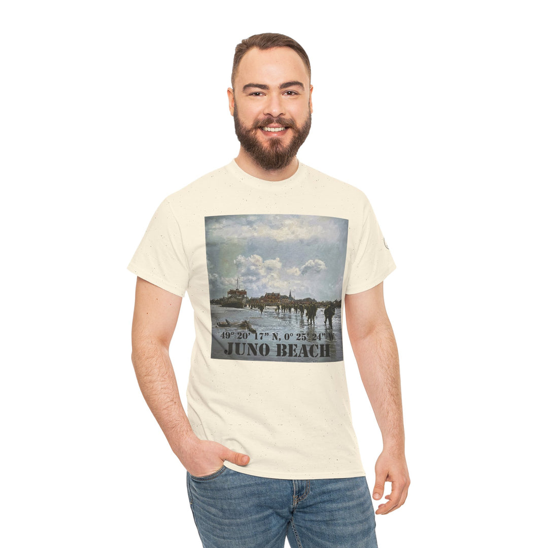 Beige t-shirt with a Juno Beach graphic by Veteran Owned, displayed on a model with jeans.