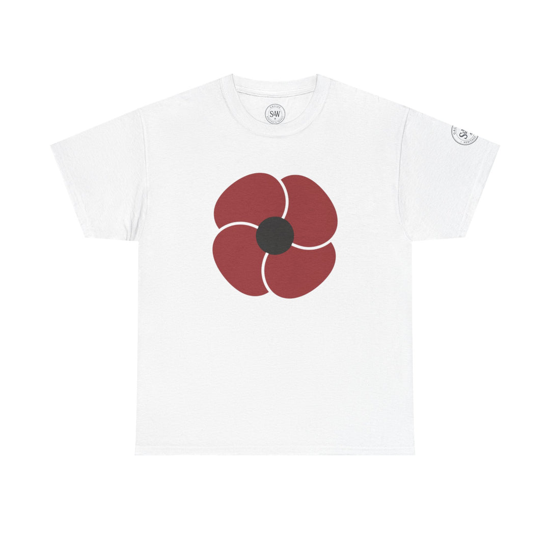 White t-shirt with a red poppy by S&amp;W Gallus, with a round black center.