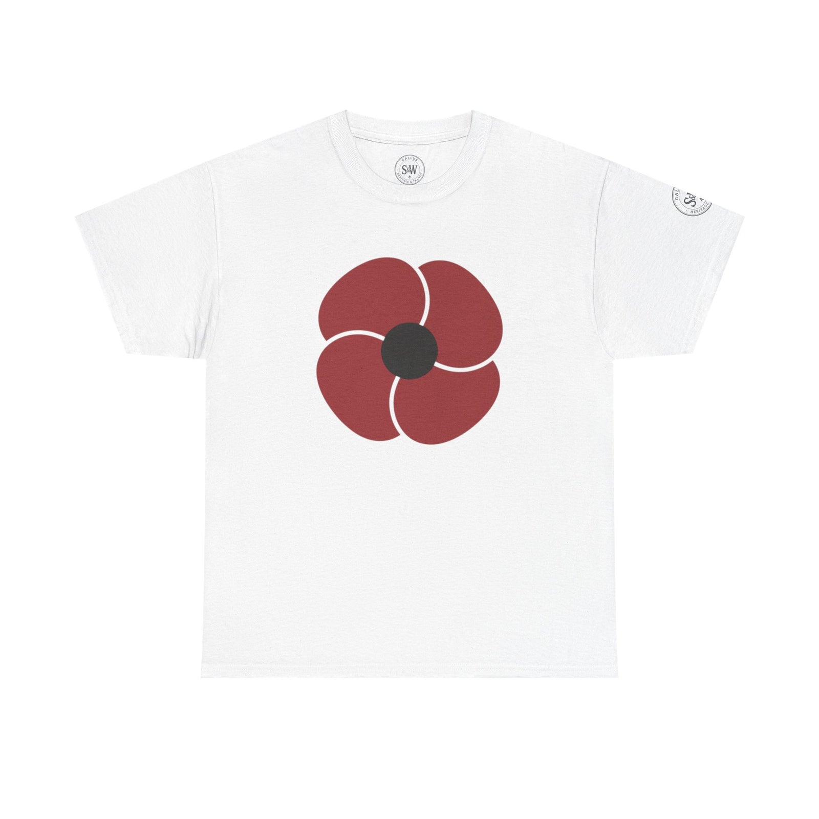 White t-shirt with a red poppy by S&W Gallus, with a round black center.