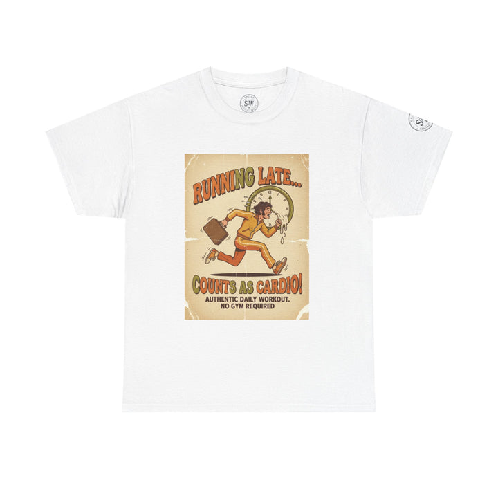 White graphic t-shirt by S&amp;W Gallus featuring a retro "Running Late Cardio" design.