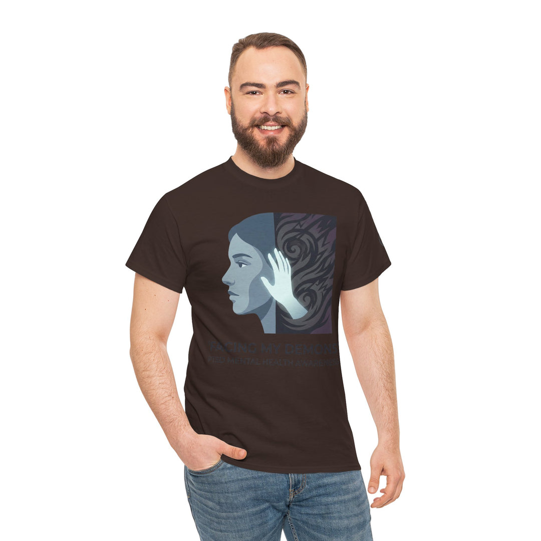 Brown t-shirt with a PTSD awareness graphic by Veteran owned, worn with jeans on a man with a beard.