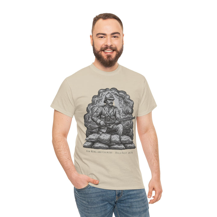 Soldier 1879 T-Shirt featuring a vintage Rorke’s Drift–style rifleman illustration. A bold Anglo-Zulu War tribute design.