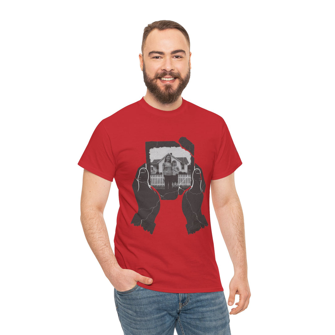 Red t-shirt by S&amp;W Gallus featuring a black and white photo graphic with cracked edges and graphic hand detail.