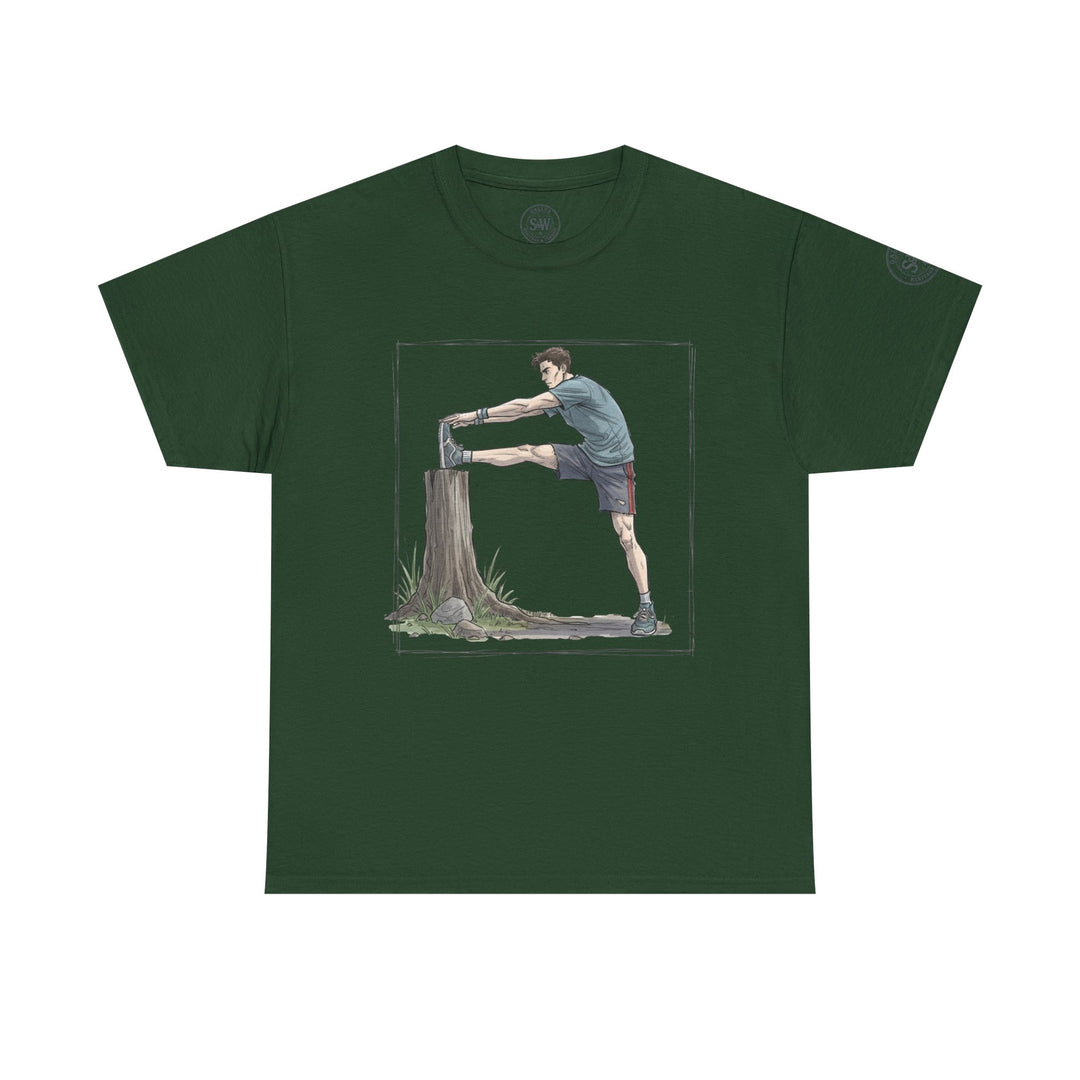 Forest green t-shirt by S&amp;W Gallus featuring an illustration of a runner stretching against a tree stump.