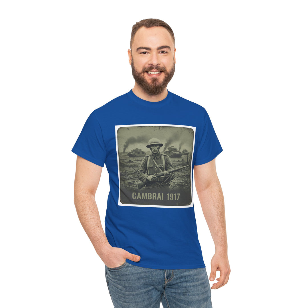 Blue Cambrai 1917 t-shirt by S&amp;W Gallus, featuring a WWI vintage soldier graphic on the front.