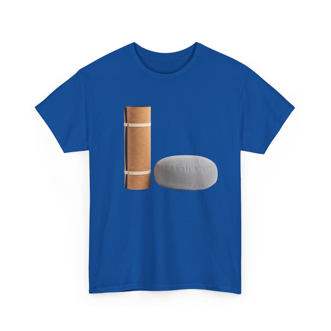 Mat &amp; Meditation Cushion Tee – soft, breathable cotton featuring a yoga-inspired design. Perfect for meditation, studio practice, or mindful everyday wear.