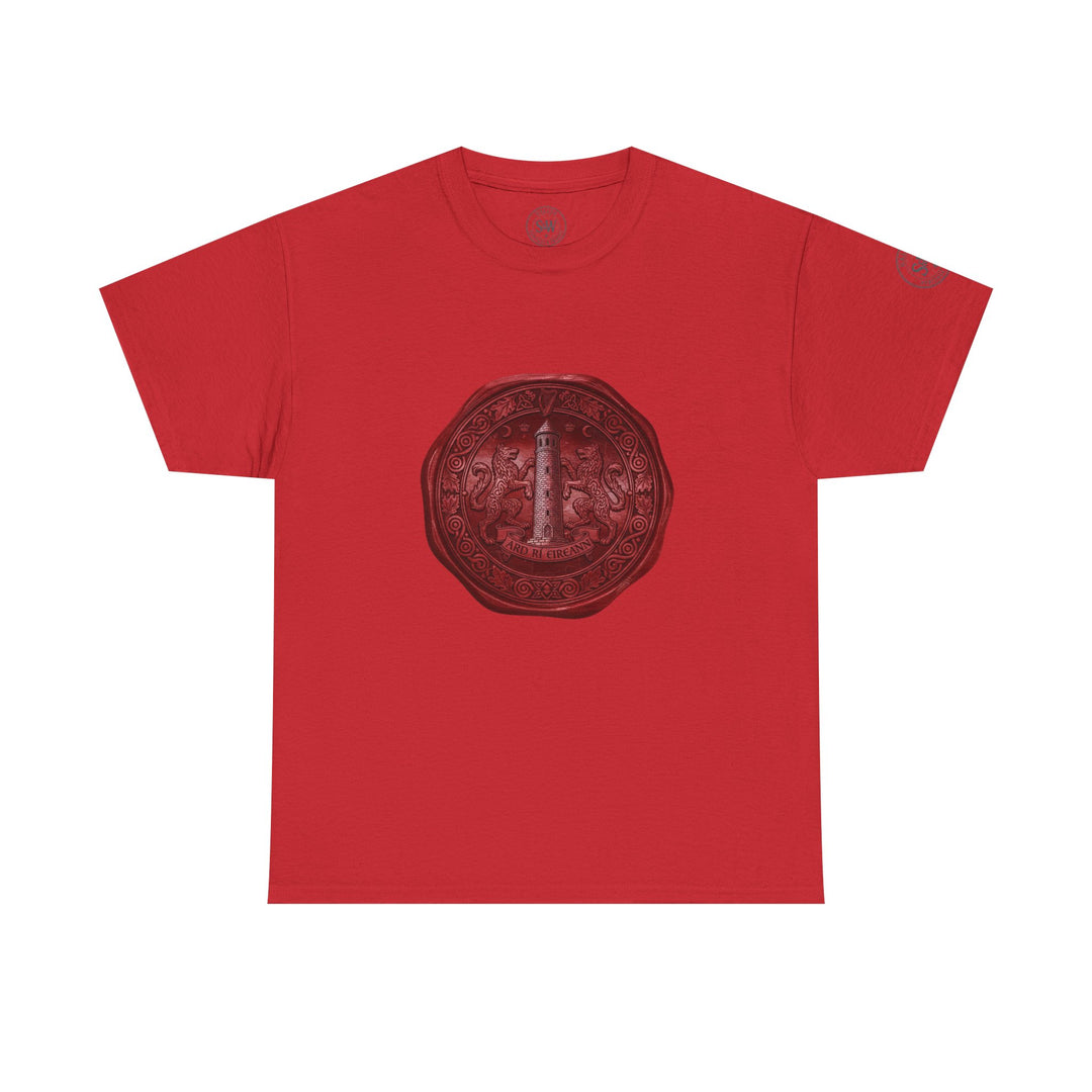 Red t-shirt by S&amp;W Gallus featuring vintage wax seal graphic with lighthouse, heraldic lions, and Irish inscription.