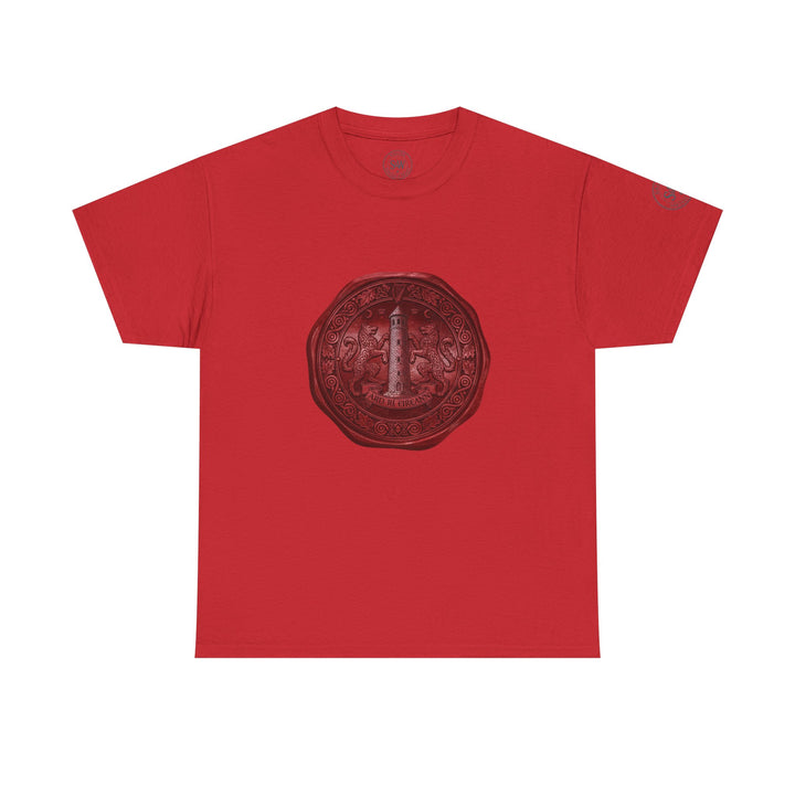Red t-shirt by S&amp;W Gallus featuring vintage wax seal graphic with lighthouse, heraldic lions, and Irish inscription.