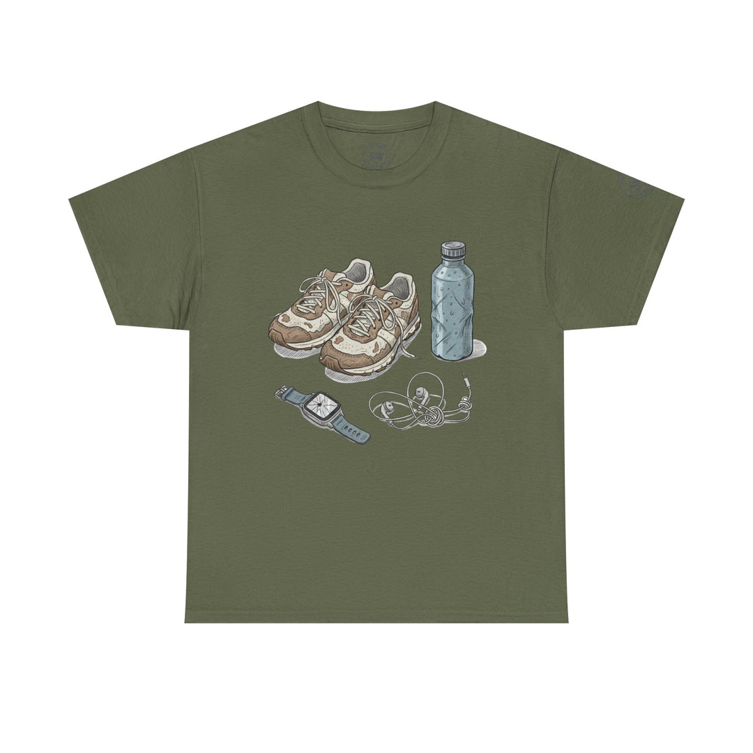 Olive green t-shirt by S&amp;W Gallus featuring a casual runner essentials graphic.