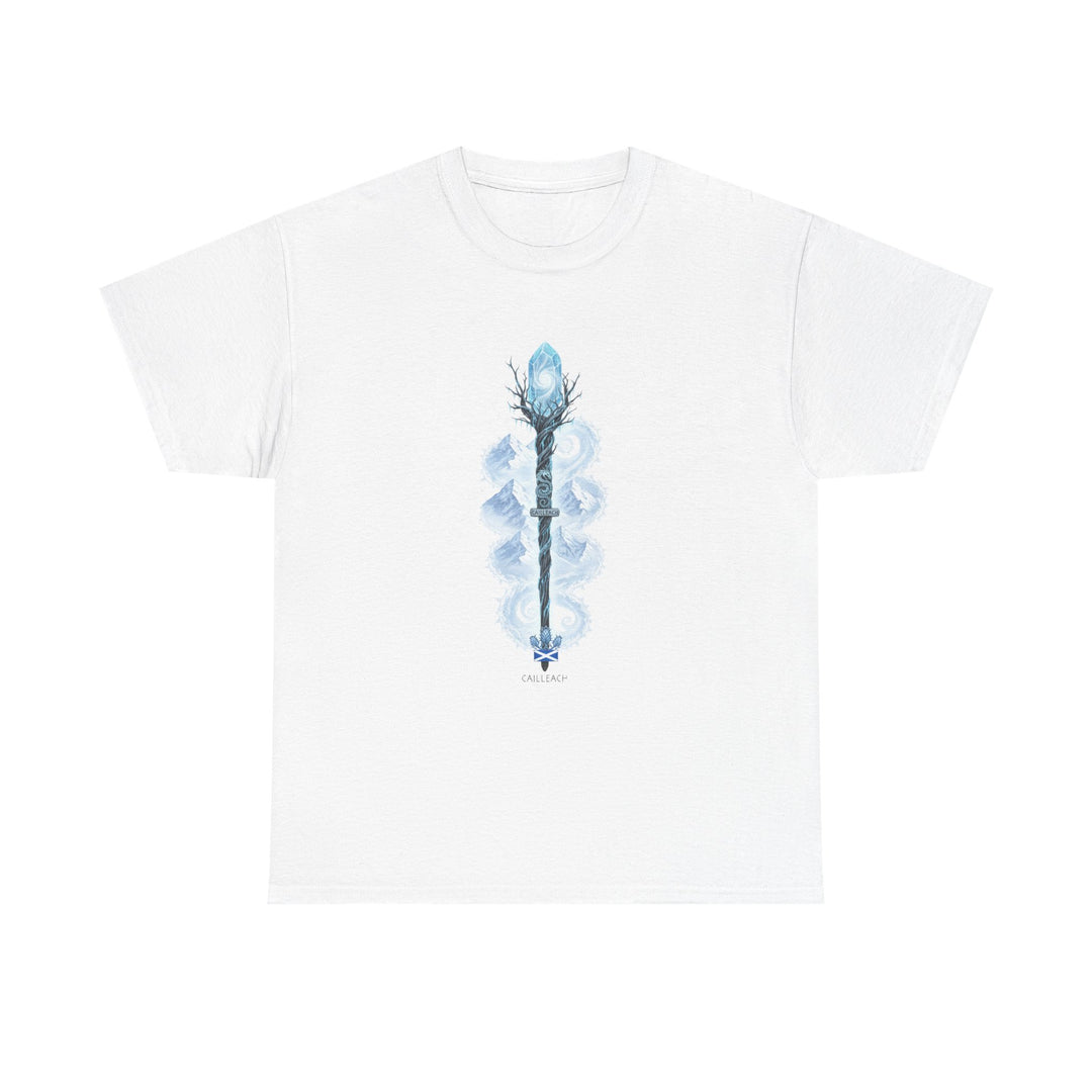 White t-shirt by S&amp;W Gallus with a blue watercolor-style staff graphic featuring a crystal, mountains, and Scottish flag emblem.
