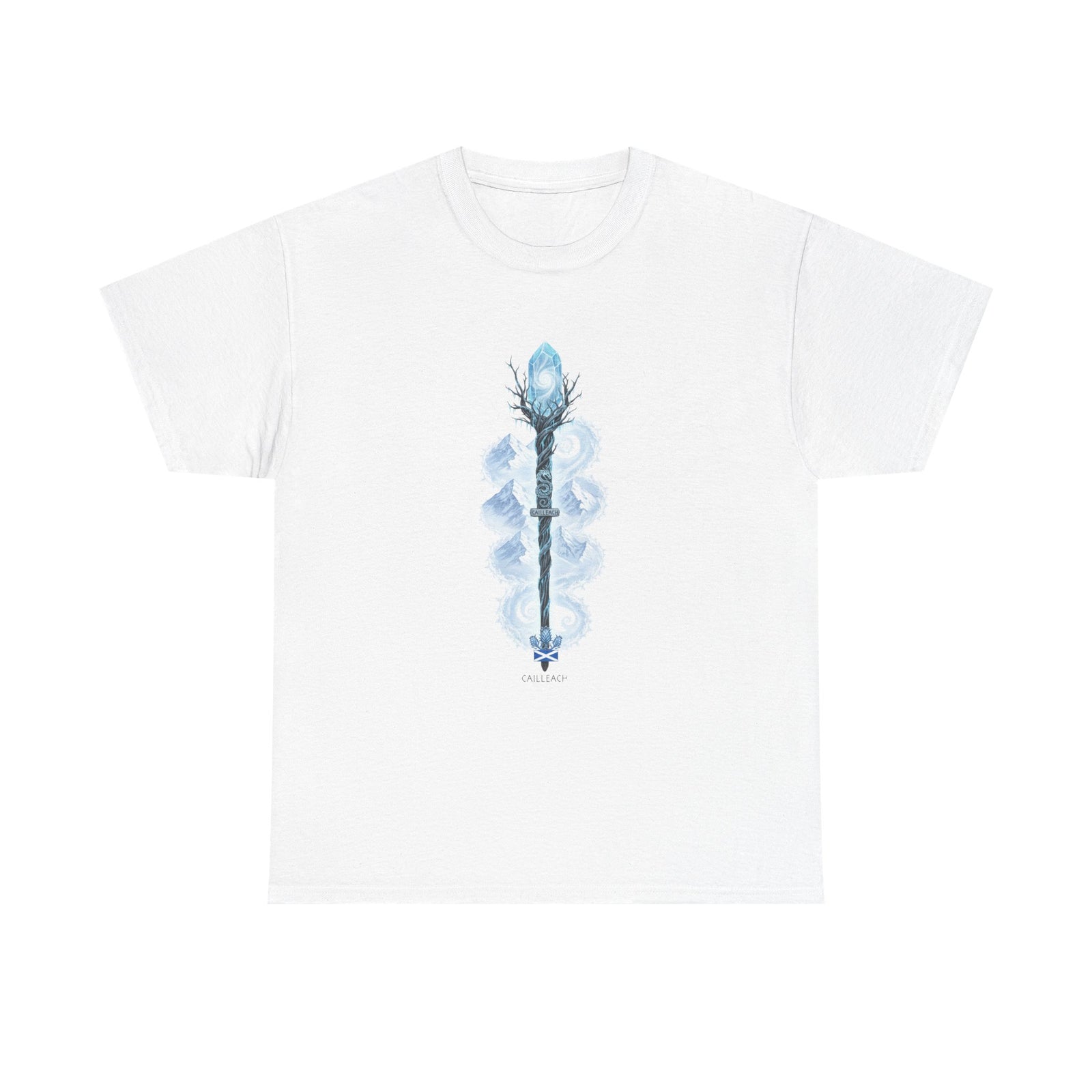 White t-shirt by S&W Gallus with a blue watercolor-style staff graphic featuring a crystal, mountains, and Scottish flag emblem.
